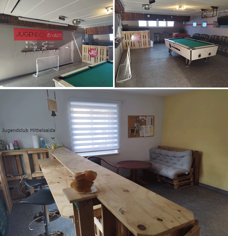 Innenbereich mit Billiardtisch, Sofa usw. des Jugendclubes Mittelsaida